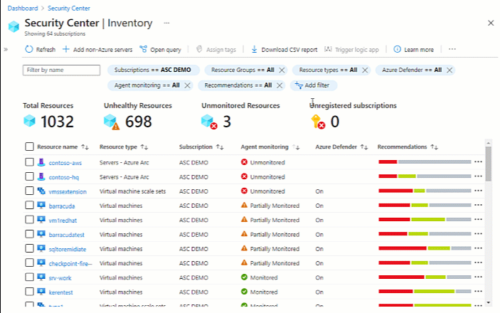 在Azure Security Center的资产清单页中添加筛选器“contains exemption”