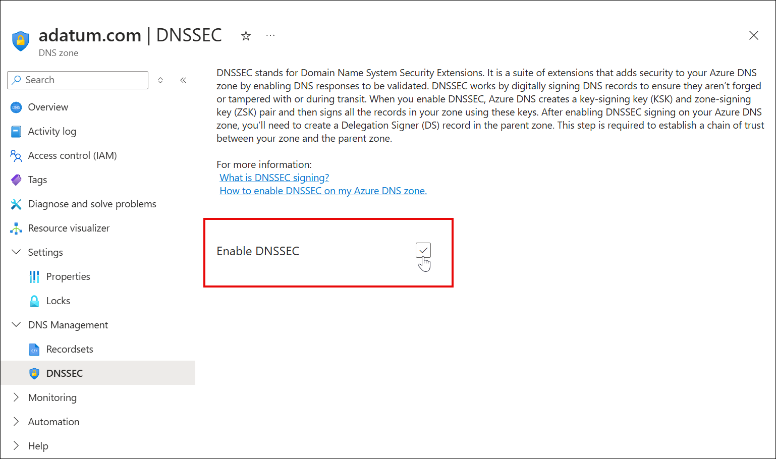 选中 DNSSEC 复选框的屏幕截图。