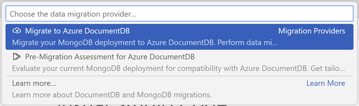 截图，显示了 Visual Studio Code 中的迁移选项。