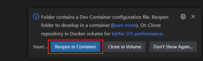 Toast 通知的屏幕截图，用于在开发容器的上下文中重新打开当前文件夹。