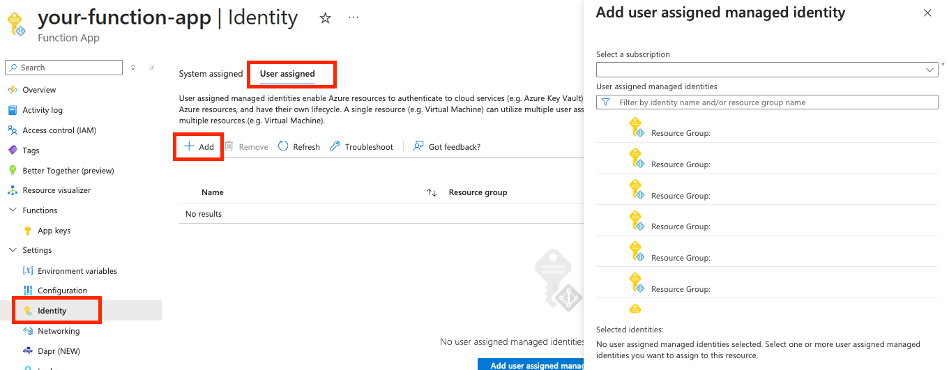 在门户中将用户分配的托管标识添加到函数应用的屏幕截图。