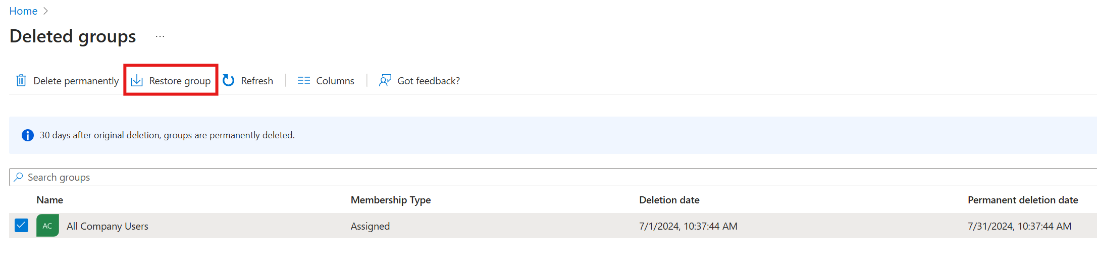 显示在 Azure 门户中还原组的截图。