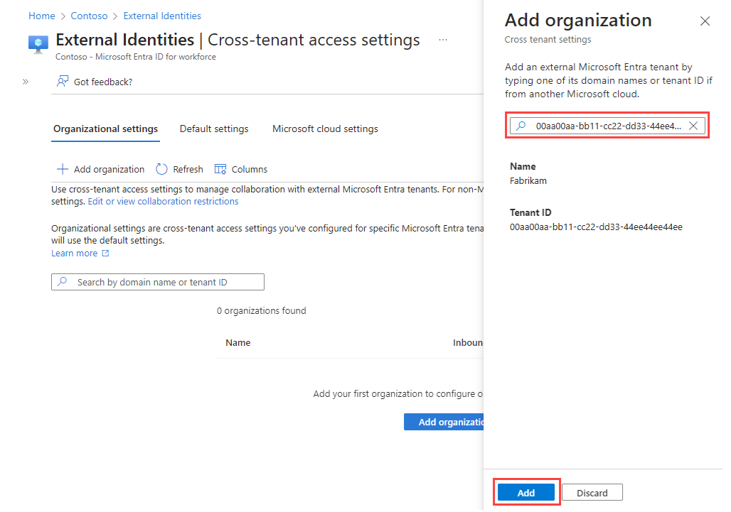 显示添加组织的屏幕截图。