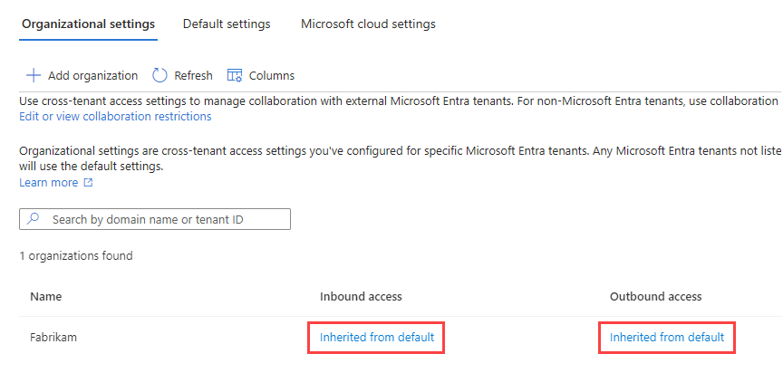 显示用默认设置添加的组织的屏幕截图。