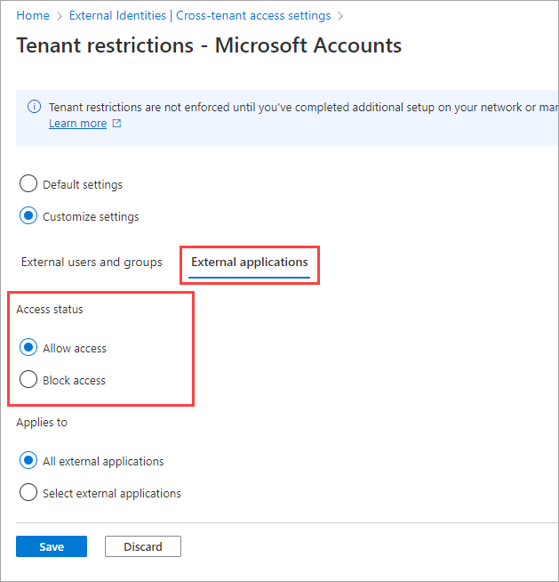 显示访问状态选择的屏幕截图。