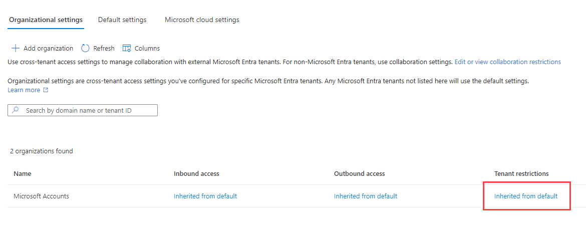 显示使用默认设置添加的组织的屏幕截图。