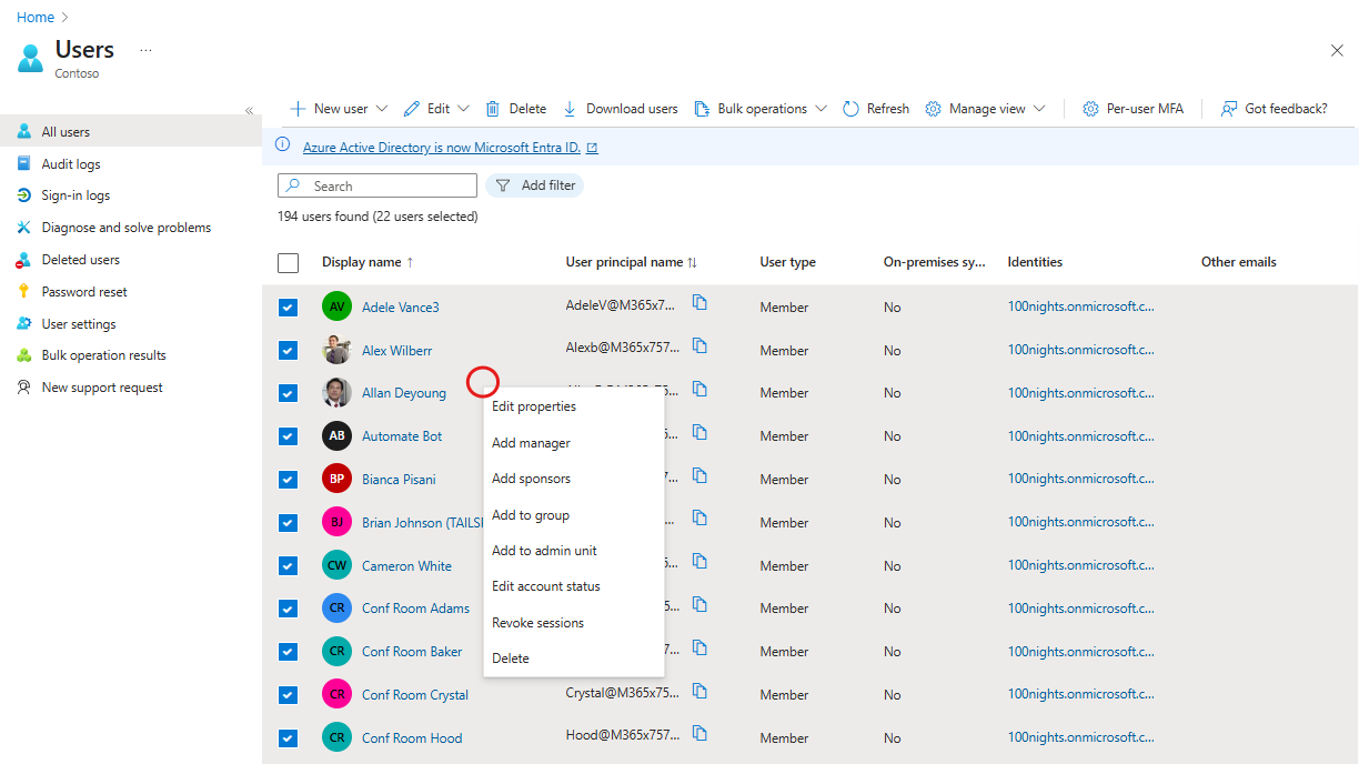 Microsoft Entra 管理中心中多个用户设置编辑选项的屏幕截图。
