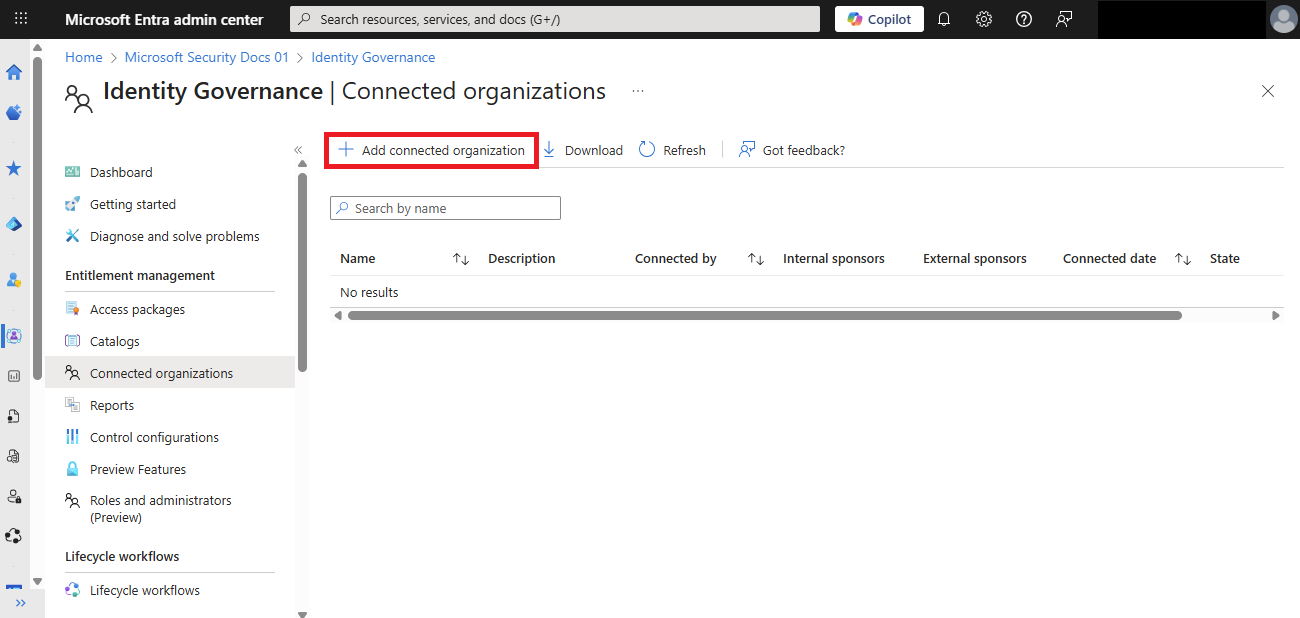 “添加连接的组织”按钮