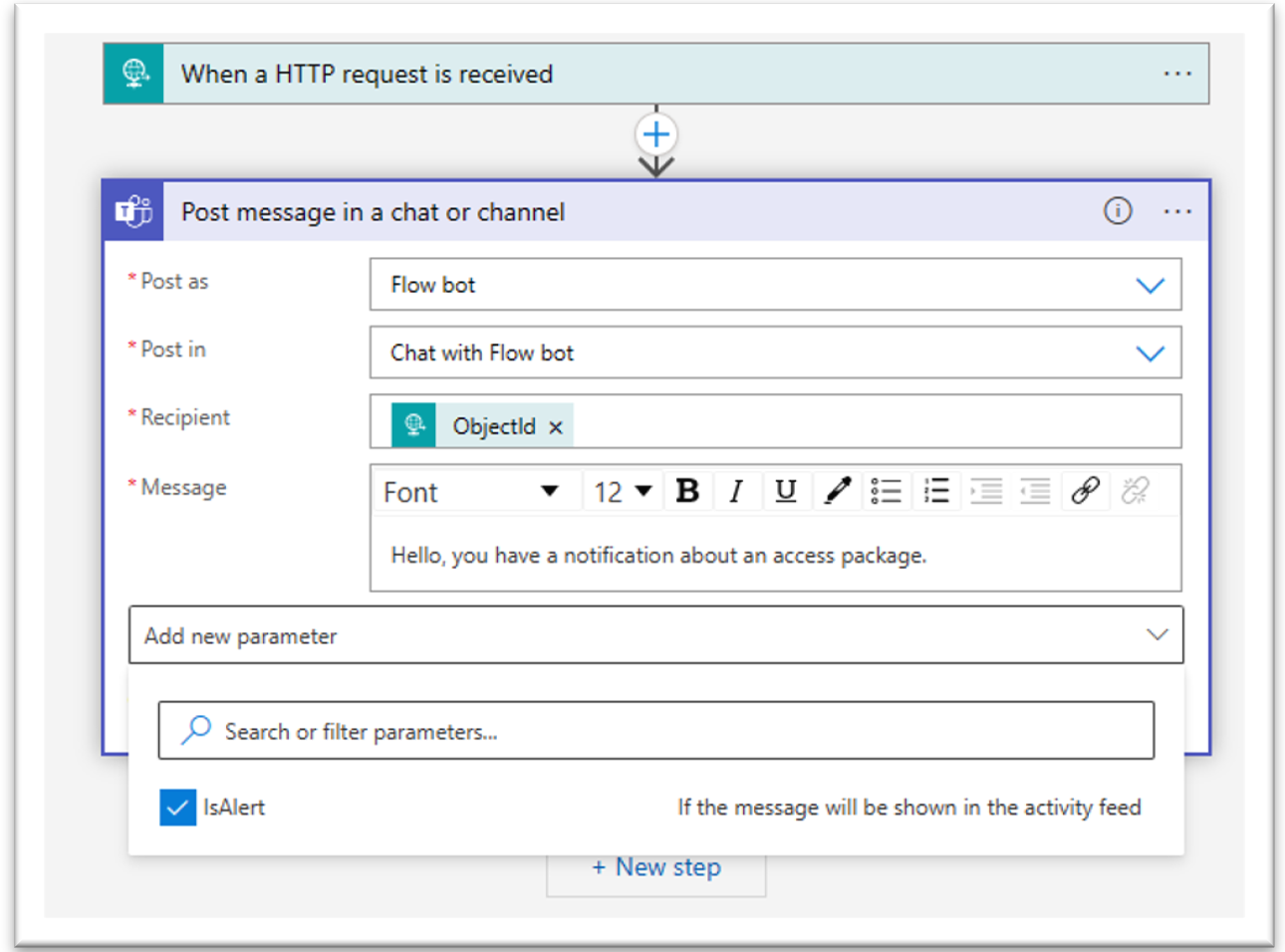 在 Teams 发布消息设置中设置 isAlert 的屏幕截图。