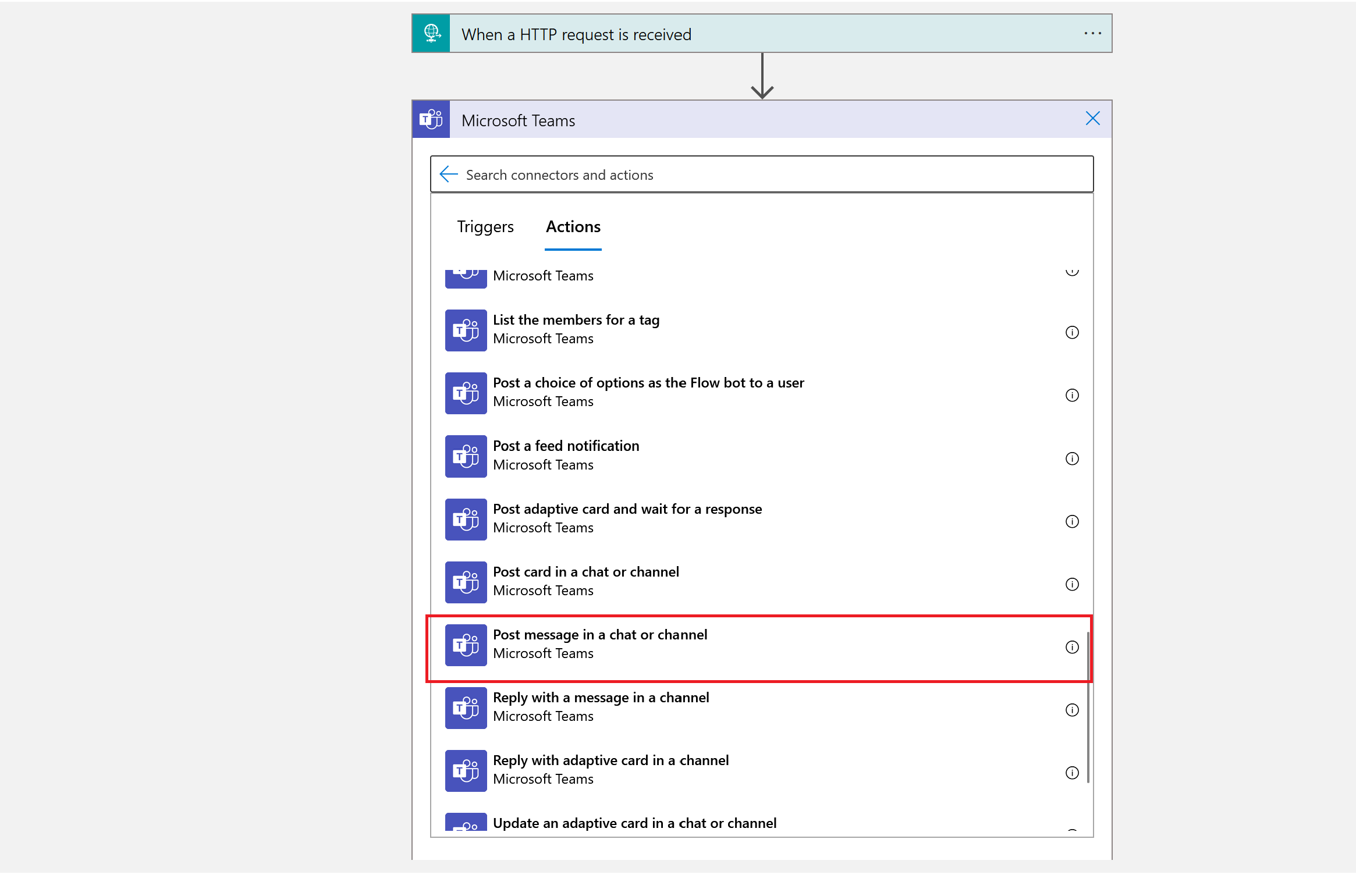 逻辑应用设计器中 Teams 操作的屏幕截图。