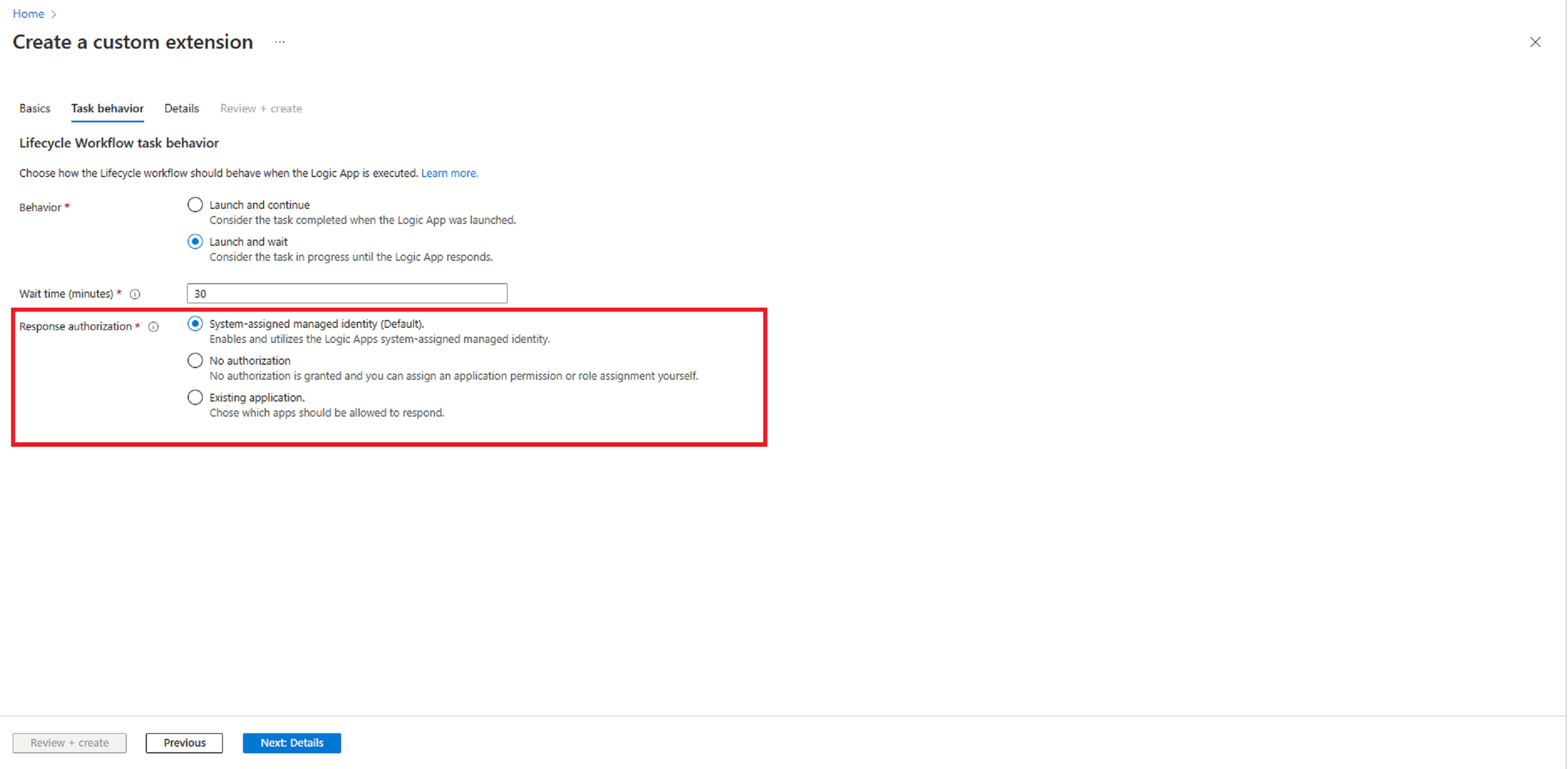 自定义任务扩展启动和等待选项的屏幕截图。