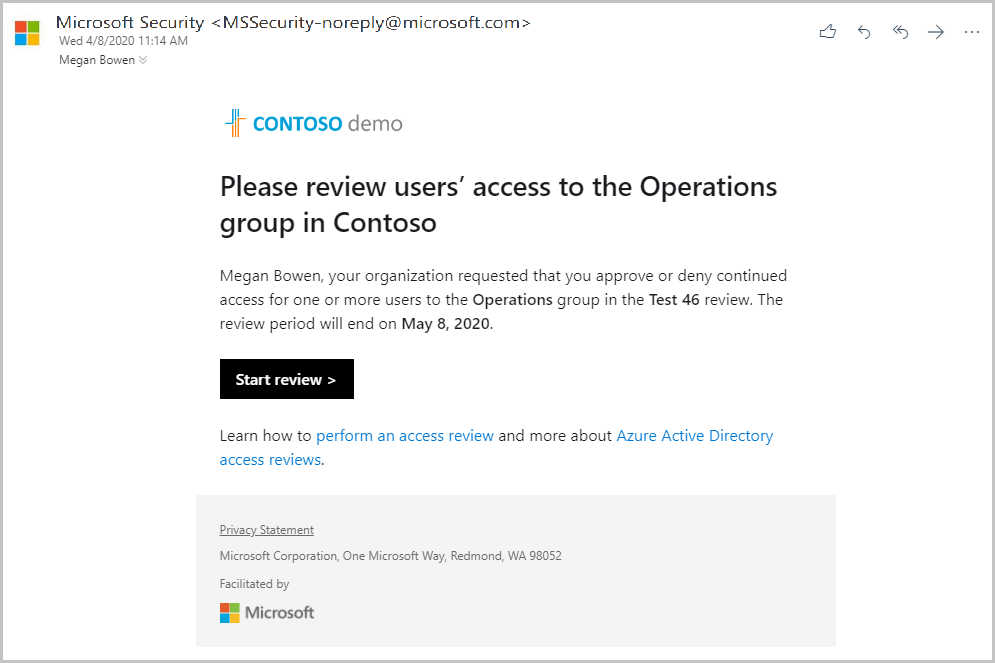 Microsoft 的示例电子邮件的屏幕截图，用于审查群组访问权限。