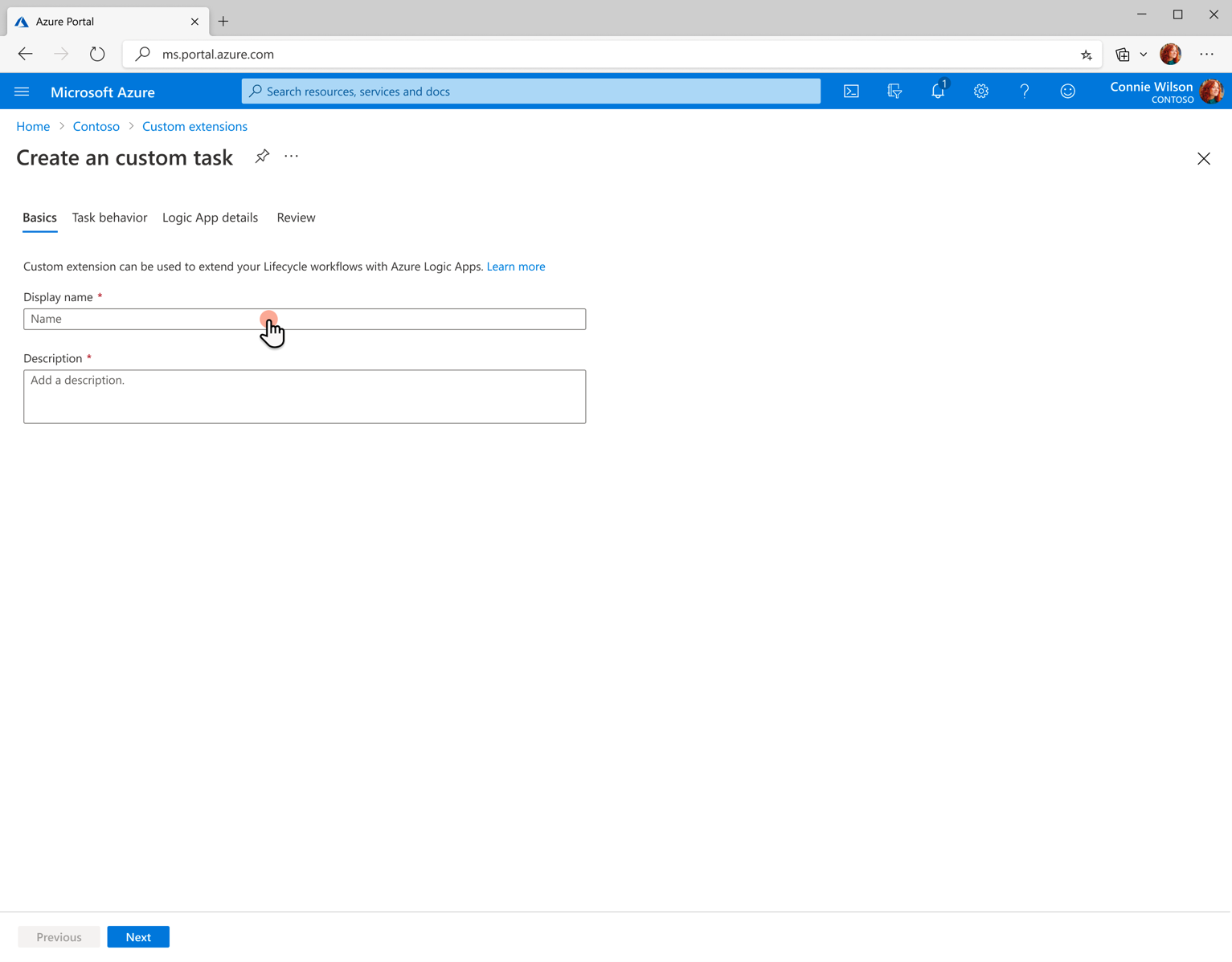 用于创建自定义任务扩展的“基本信息”部分的屏幕截图。