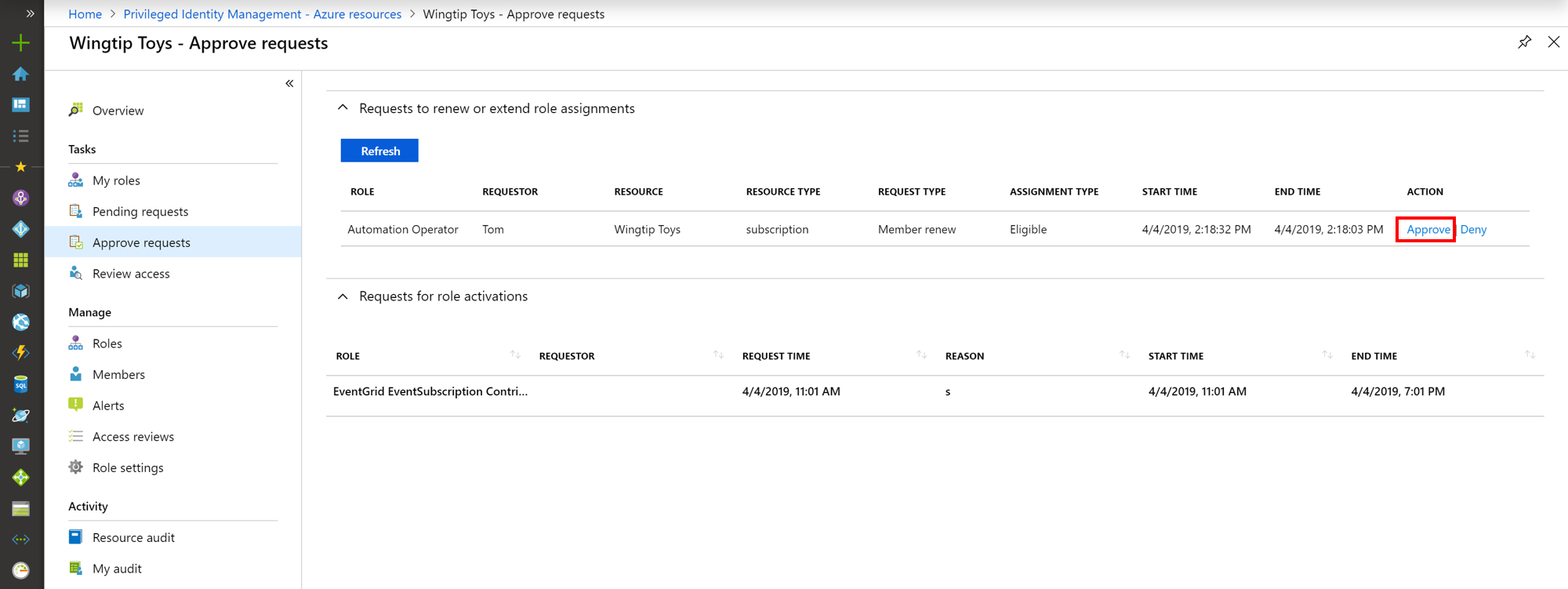  Azure 资源的截屏 - 批准请求页面列出了请求和用于批准或拒绝的链接。