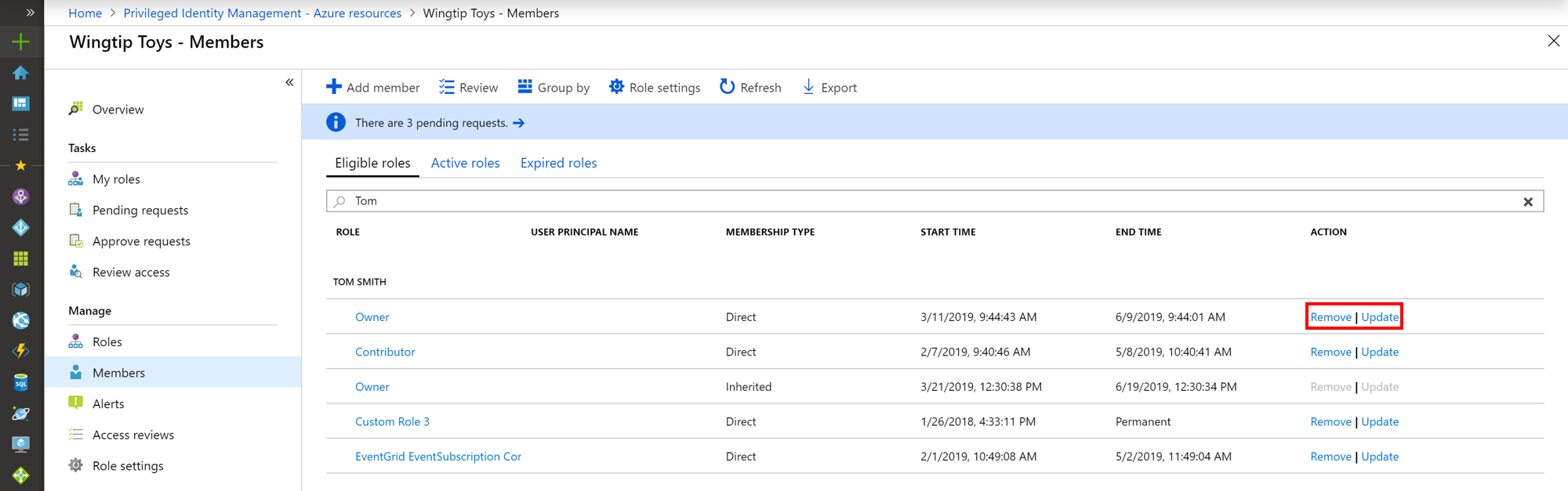 Azure 资源的截图 - 分配页，其中列出了具有可延长链接的合格角色。