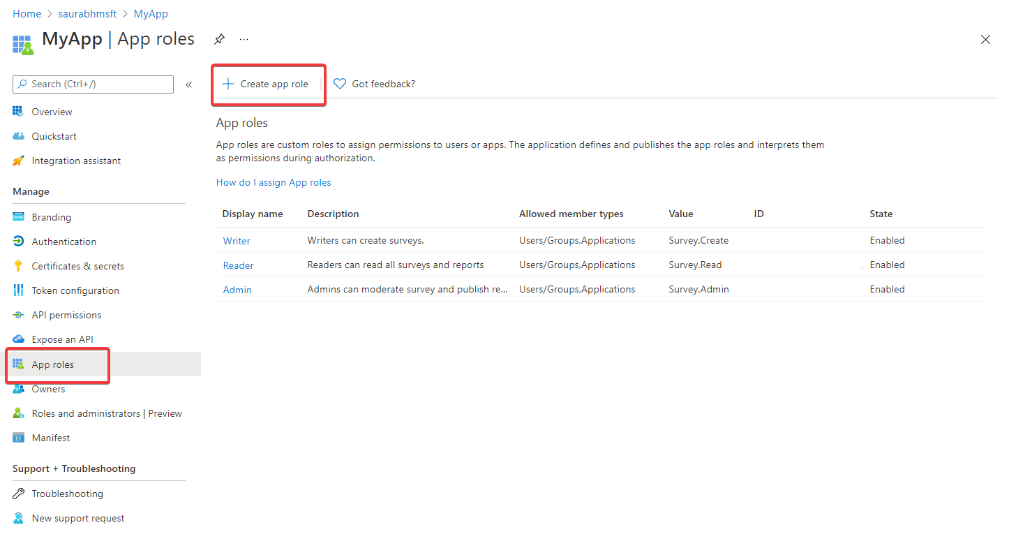  Azure 门户中应用注册的应用角色窗格