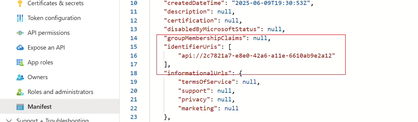 清单编辑器中标识符 URI 修改体验的屏幕截图。