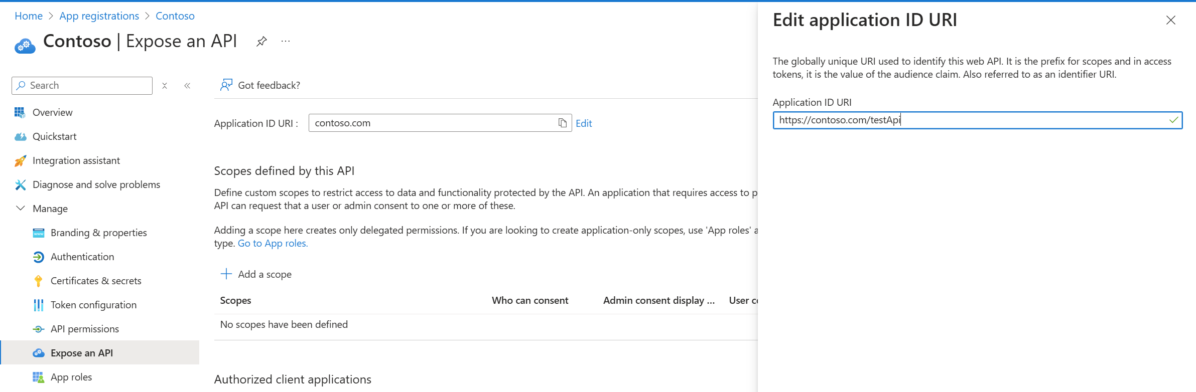 标识符 URI 配置体验的屏幕截图。