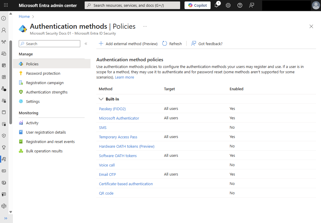 Microsoft Entra ID 的身份验证方法策略的屏幕截图。