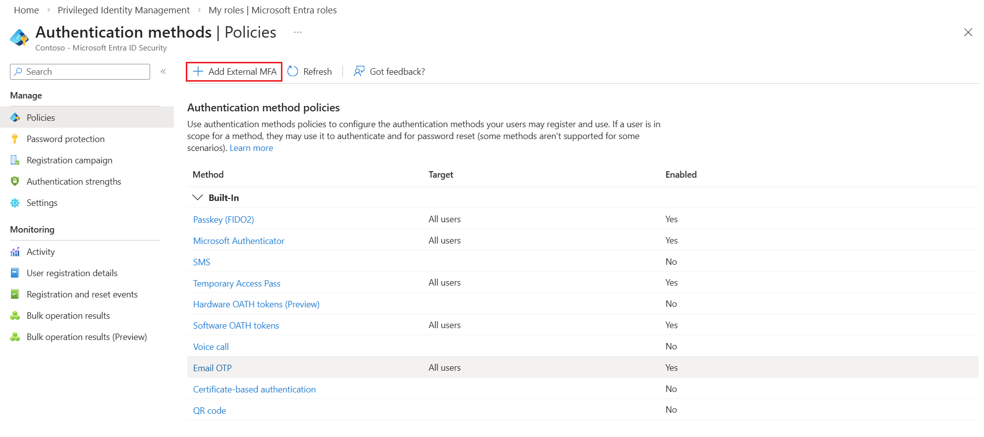 如何在 Microsoft Entra 管理中心中添加外部 MFA 的屏幕截图。