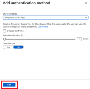 添加方法 - 临时访问通行证的屏幕截图。