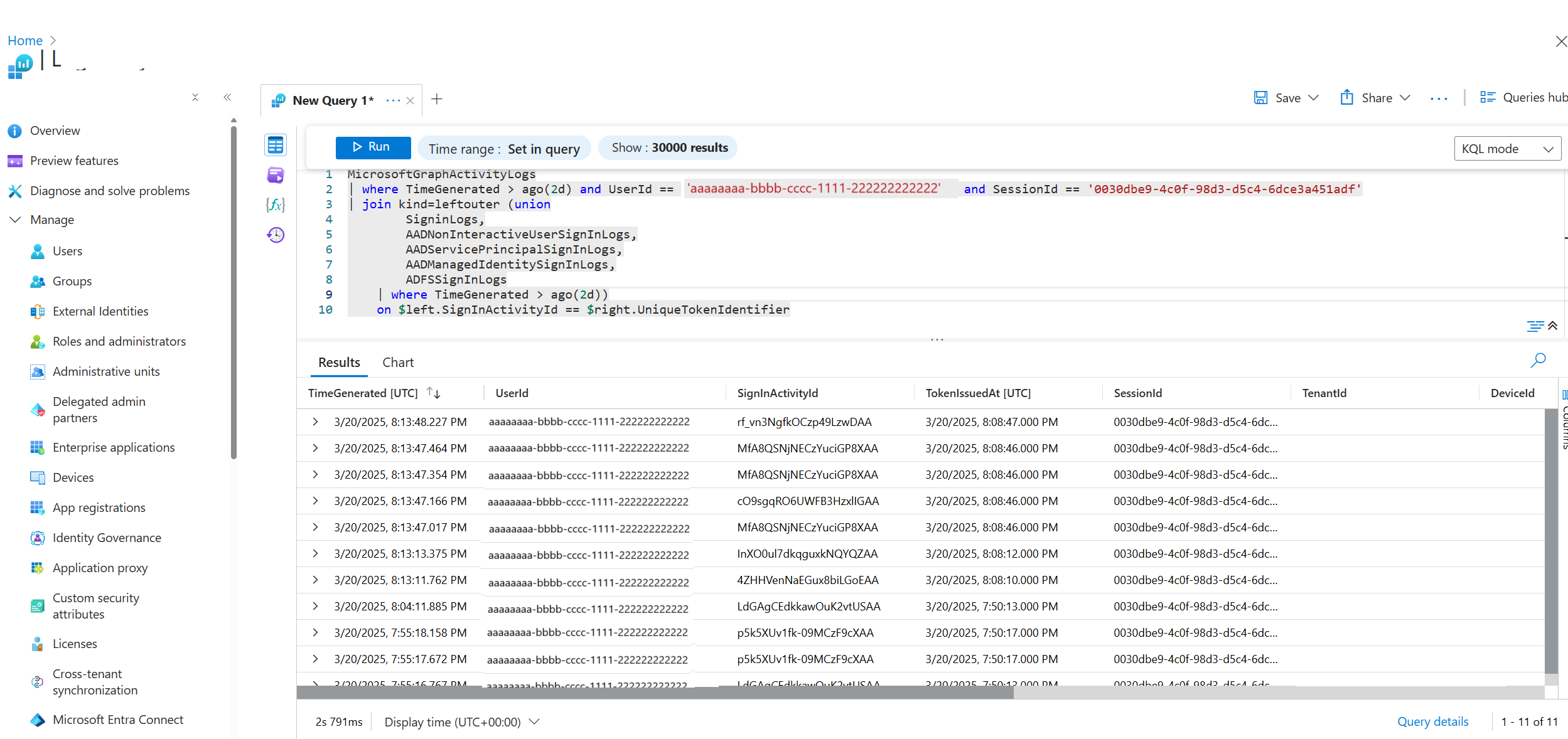 Microsoft按用户 ID 和会话 ID 筛选的 Graph 活动的屏幕截图。