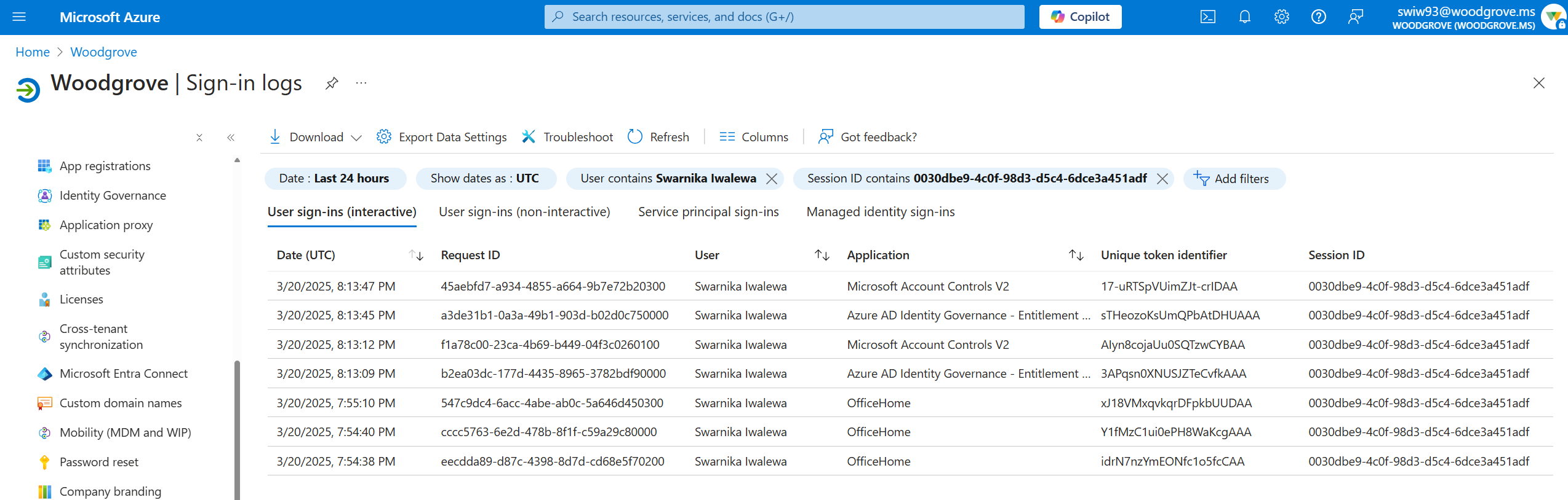 交互式登录的屏幕截图，按会话 ID 筛选。