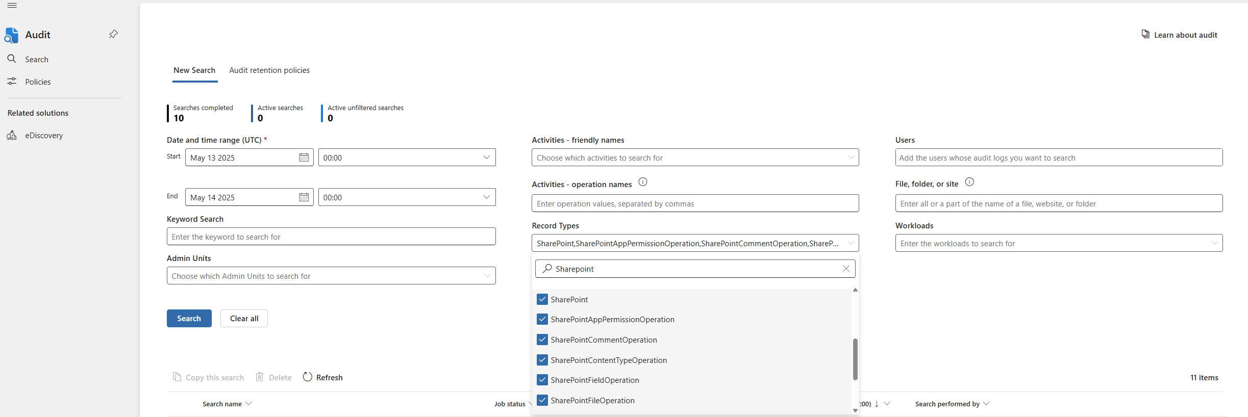 Microsoft Purview 门户的屏幕截图，其中显示了 SharePoint Online 支持的记录类型。