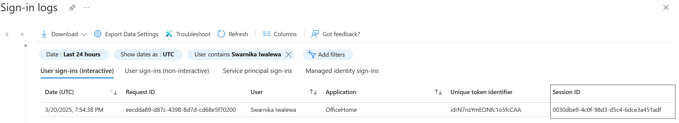 具有会话 ID 的交互式登录日志行的屏幕截图。