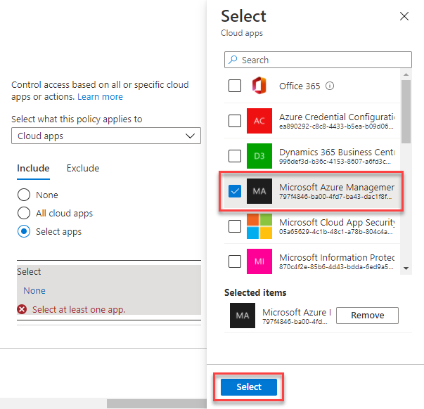  条件访问页的屏幕截图，在其中选择应用、Windows Azure服务管理 API，新策略将应用于该应用。