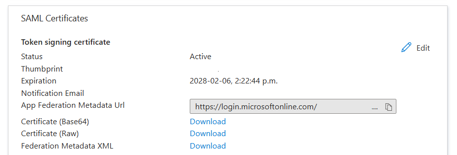 显示企业应用程序的 SAML 签名证书和联合元数据下载选项的屏幕截图。