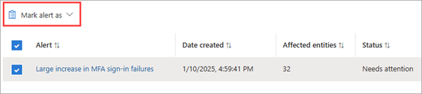 警报页面的屏幕截图，其中突出显示了“将警报标记为”菜单。