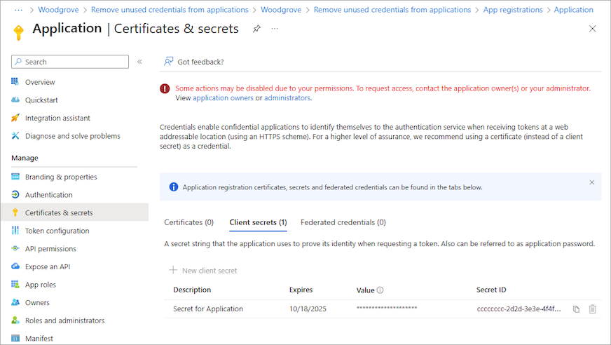 Microsoft Entra ID 的“证书和机密”部分的屏幕截图。