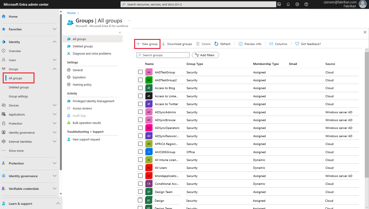 显示用于添加新组的选择的屏幕截图。