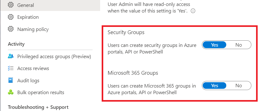 显示Microsoft Entra安全组设置更改的截图。