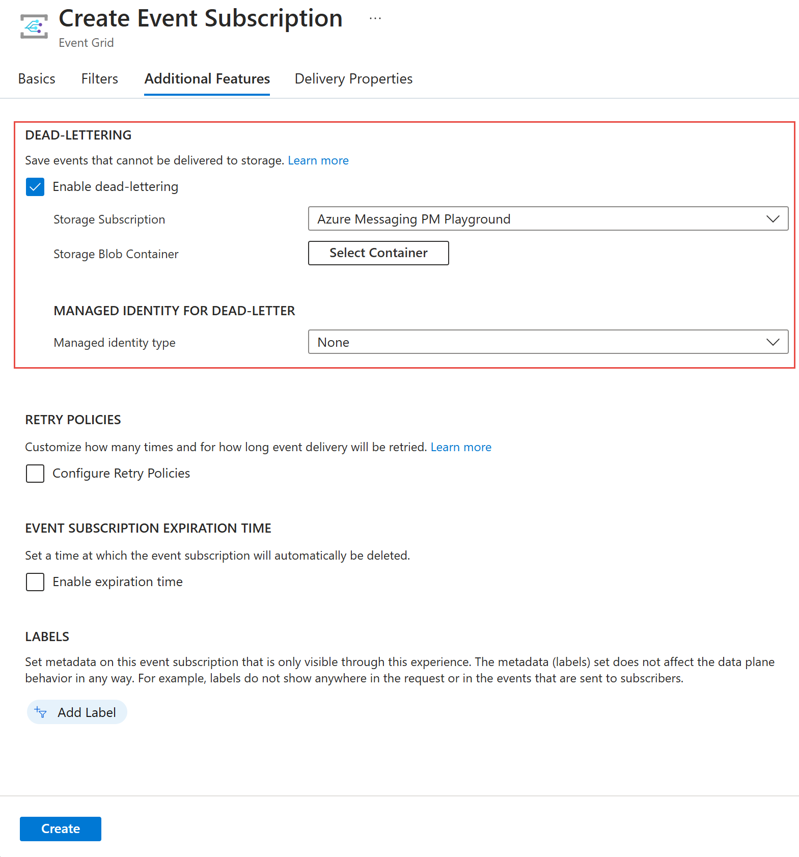 显示事件订阅的死信配置的屏幕截图。