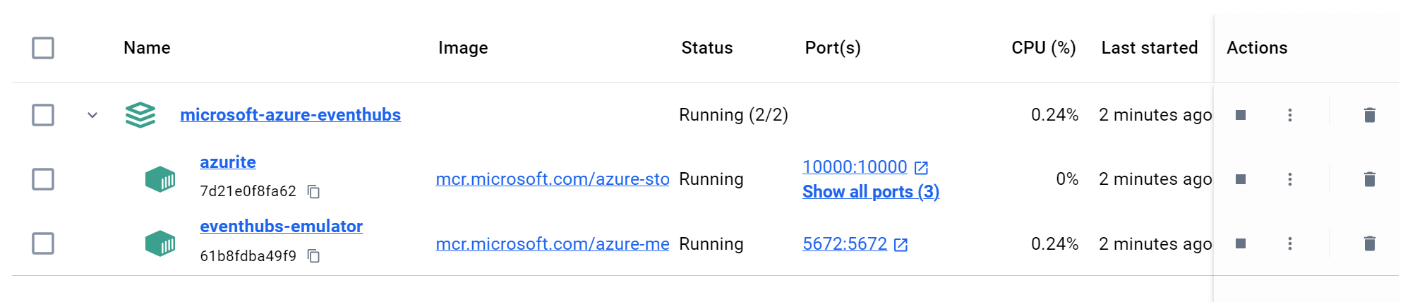 在容器中运行的 Azure 事件中心模拟器的屏幕截图。