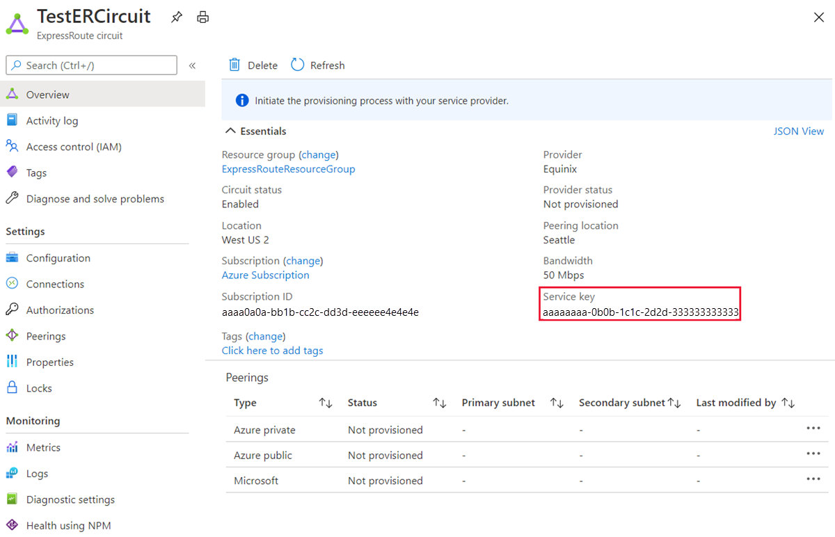 ExpressRoute 属性的屏幕截图。