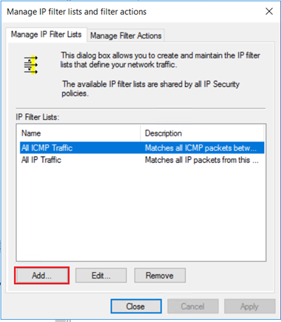 添加新 IP 筛选器列表的屏幕截图。