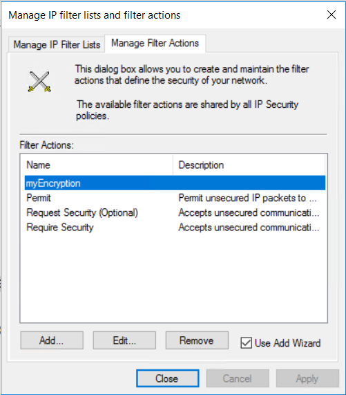 显示已添加 myEncryption 的筛选器作列表的屏幕截图。