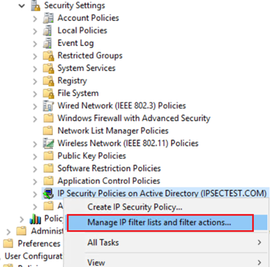 管理 IP 筛选器列表和筛选器操作的屏幕截图。