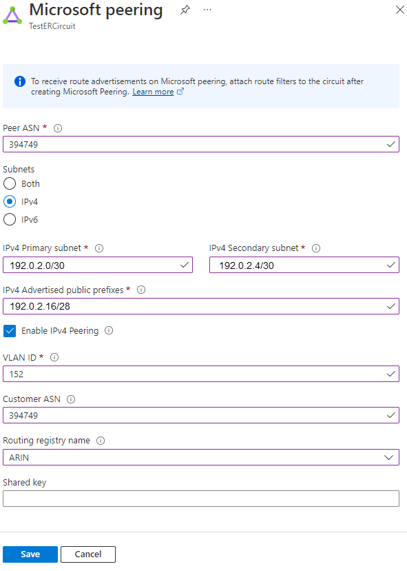 显示 Microsoft 对等互连配置的屏幕截图。
