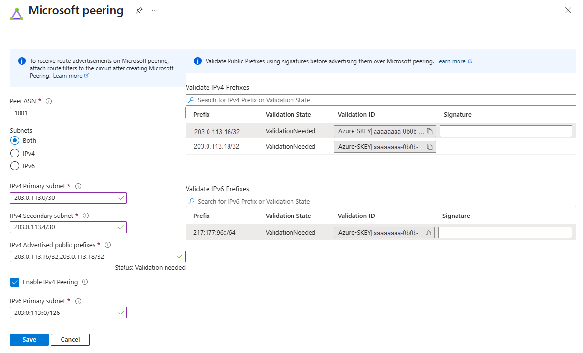 显示 Azure 门户中 ExpressRoute Microsoft对等互连的“验证 ID”字段的屏幕截图。