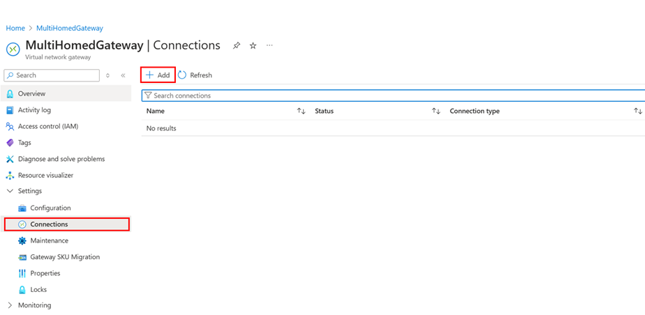 添加 ExpressRoute 网关连接的屏幕截图。