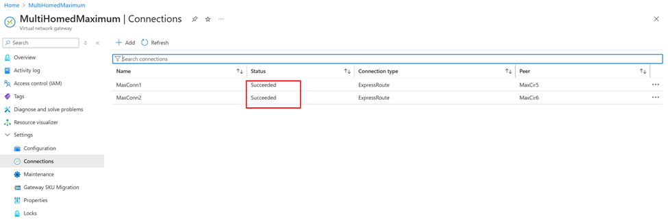 验证新的 ExpressRoute 网关连接的屏幕截图。