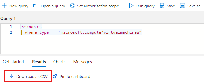 Azure Resource Graph 资源管理器的屏幕截图,其中突出显示了 CSV。