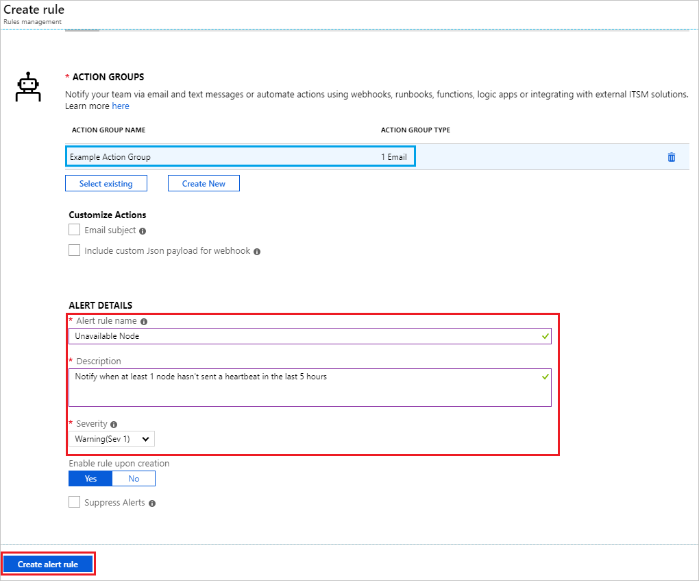 门户完成创建警报规则。