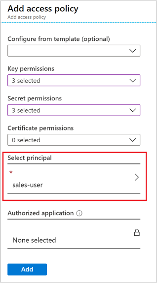  为Azure Key Vault访问策略设置选择主体。