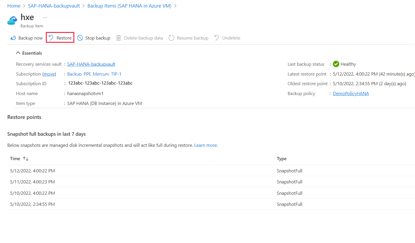显示 HANA 数据库快照中“还原”选项的截图。