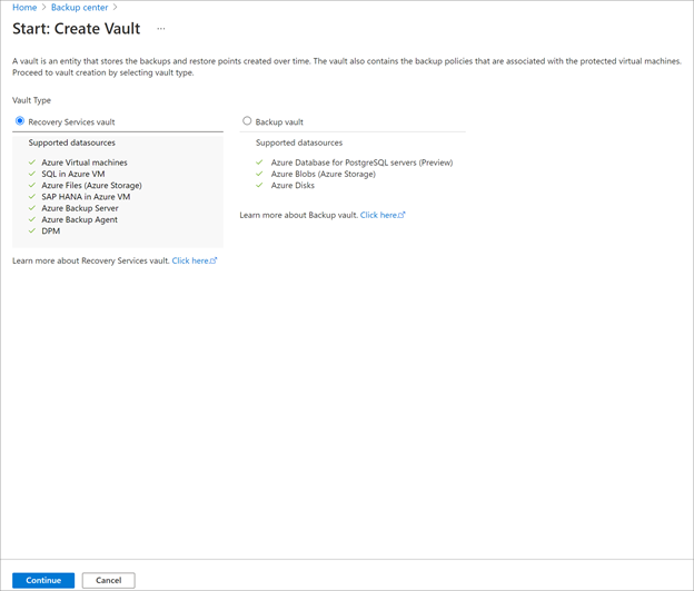 显示如何选择“恢复服务”作为保管库类型的屏幕截图。